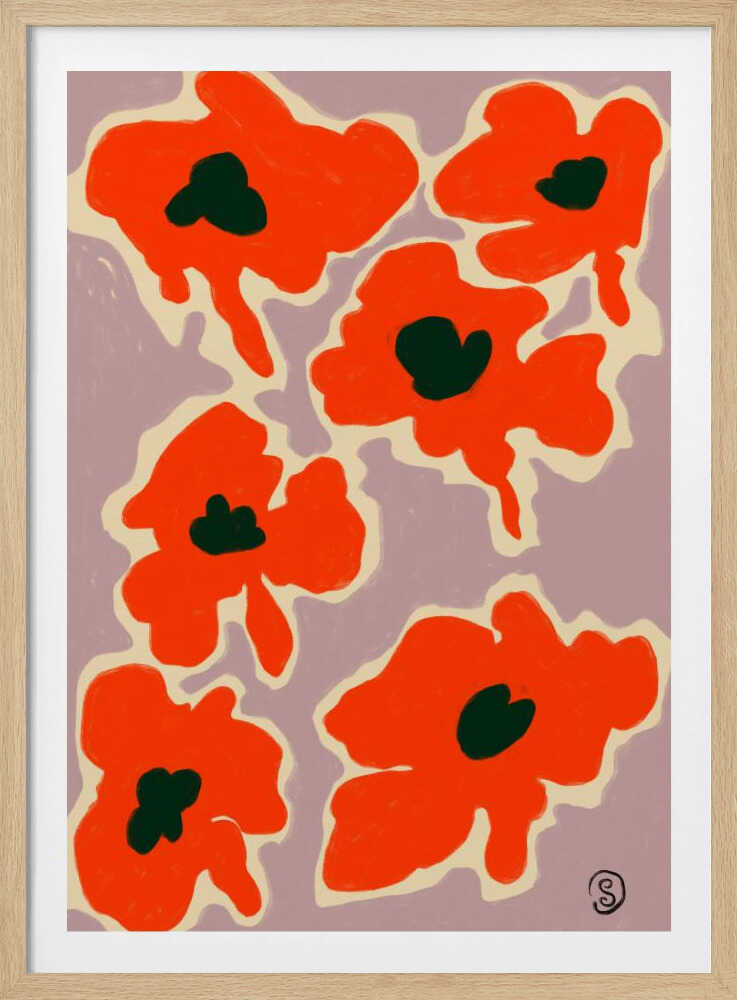 A framed art print depicting a pattern of large, stylized red-orange poppies with dark green centers against a pale lavender background. Each flower is outlined in a thick, cream-colored border, giving the piece a bold, modern, and graphic quality. Wall Art