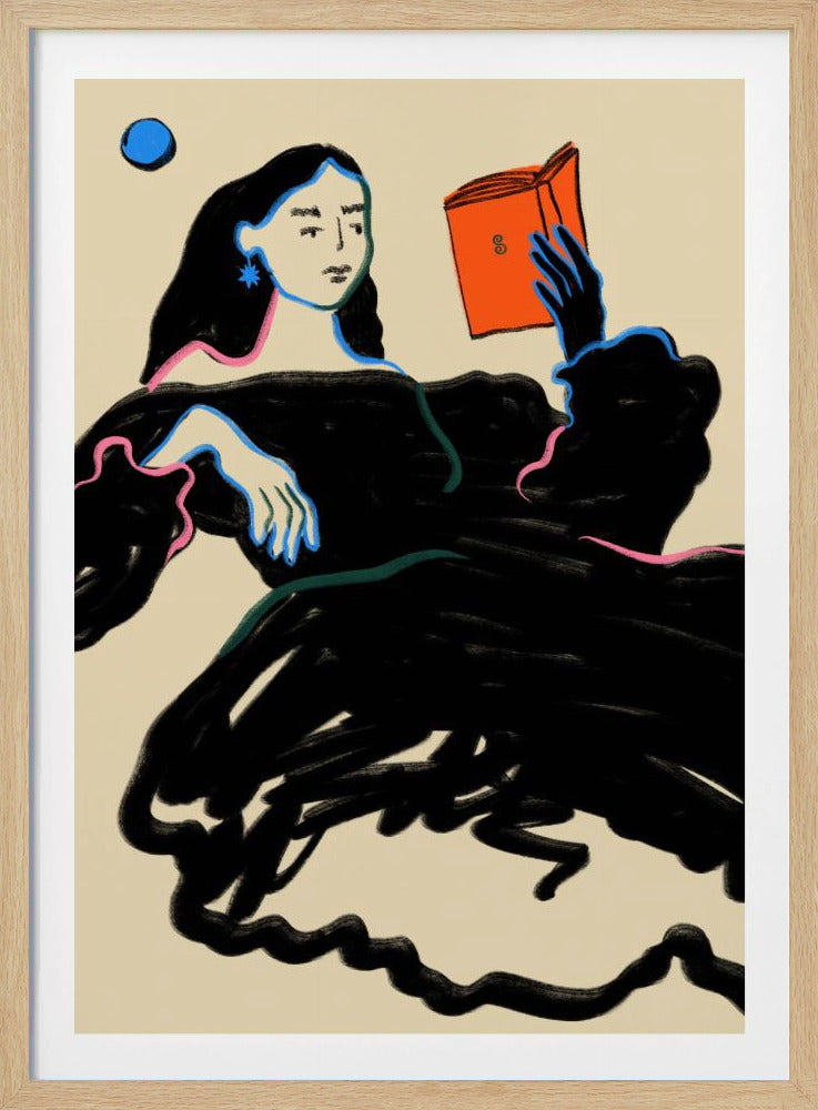 A stylized illustration of a woman with long black hair wearing a voluminous black dress, outlined in blue and pink. She is reclining while reading a bright orange book, set against a cream-colored background with a blue circle in the corner. Print