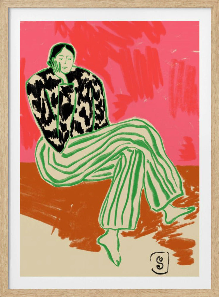A colorful, stylized illustration of a person sitting in a relaxed, thoughtful pose with their head resting on their hand. They are wearing a black and white cow-patterned shirt and loose green-and-white striped pants. The background is a vibrant abstract blend of pink and red. Artwork