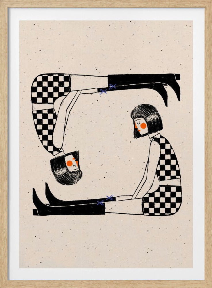 A stylized illustration of two identical women with black bob haircuts and checkerboard outfits arranged in a C-shape. One woman is sitting upright while the other is inverted above her, and they are holding each other's feet, creating a symmetrical, continuous loop on a speckled cream background. Wall Art