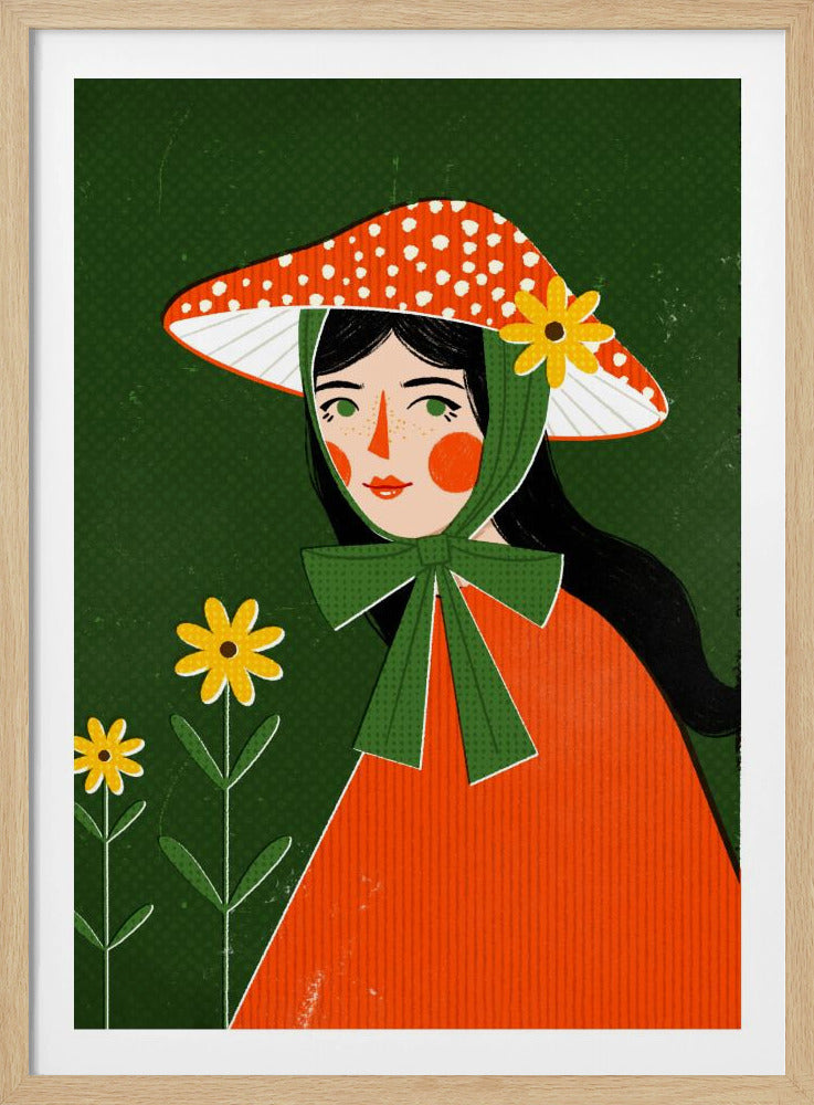 A folk art style illustration of a woman with black hair and rosy cheeks wearing a large red and white spotted mushroom cap as a hat. She has a green scarf tied in a bow under her chin and wears an orange cape against a dark green background with yellow flowers. Print