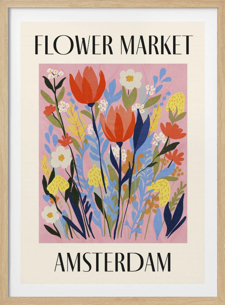 A vintage-style poster for the 'FLOWER MARKET AMSTERDAM'. The artwork features a vibrant illustration of various stylized flowers, including red tulips, white daisies, and yellow and blue foliage, set against a solid pink background. The text is in a black serif font, with 'FLOWER MARKET' at the top and 'AMSTERDAM' at the bottom, all enclosed by a cream-colored border and a simple black frame. Poster