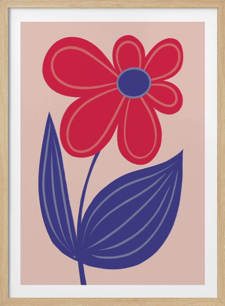 A graphic illustration of a single flower with large, rounded red petals and a blue center. The flower has a thin blue stem and two large blue leaves against a solid pale pink background, all enclosed in a thin black frame. Wall Art
