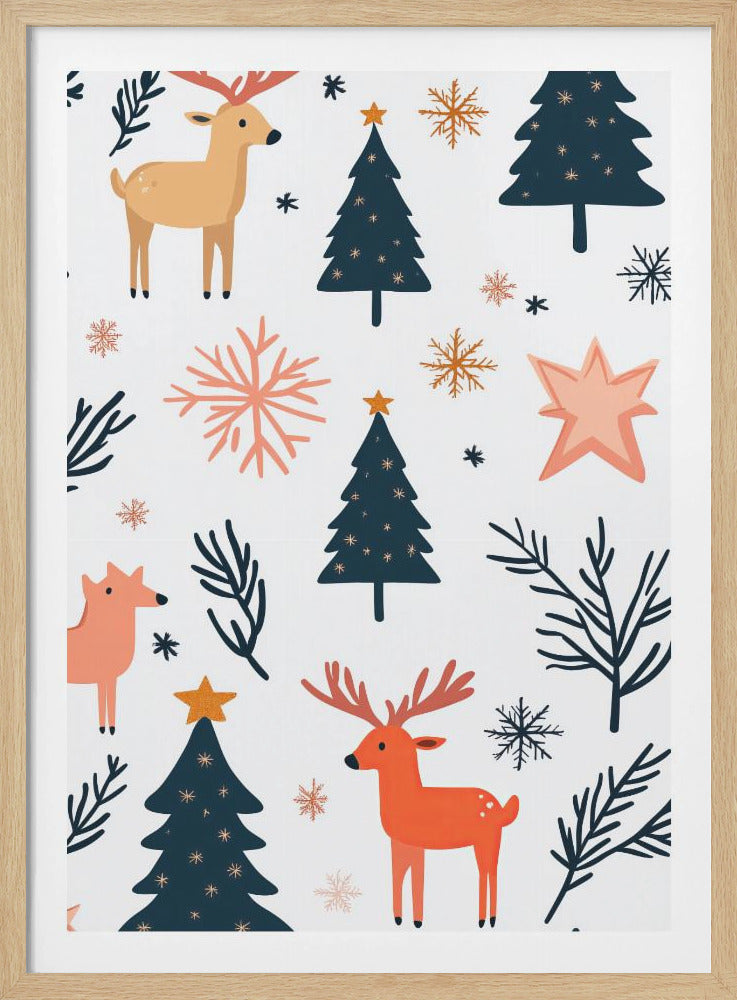 A festive holiday pattern on a white background featuring stylized illustrations of dark teal Christmas trees, orange and beige reindeer, and snowflakes in shades of orange and teal. Decor