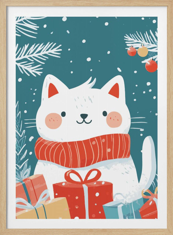 A cute cartoon illustration of a white cat with rosy cheeks wearing a cozy red scarf. The cat is surrounded by colorful wrapped Christmas gifts against a teal blue background with falling snow and white pine branches. Print