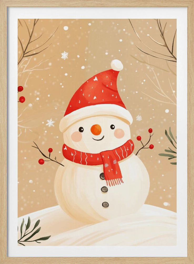 A watercolor-style illustration of a cute, smiling snowman wearing a red Santa hat and a matching red scarf. The snowman has stick arms with red berries, a carrot nose, and is set against a tan background with falling snow and bare branches. Decor