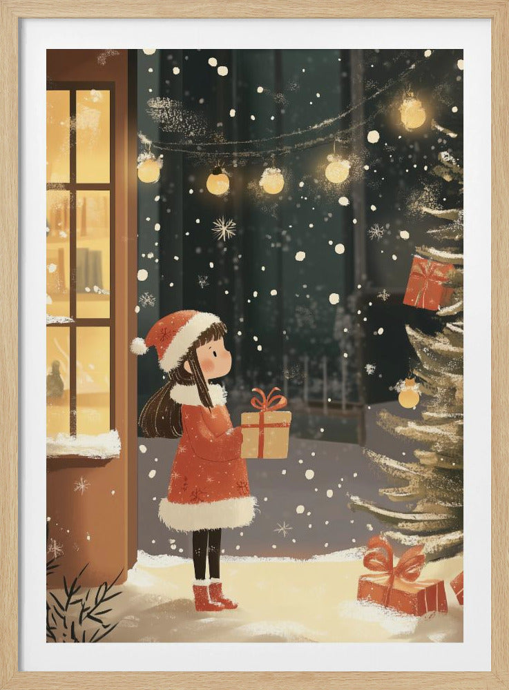 An illustration of a young girl in a red Santa coat and hat holding a gift, standing in the snow at night. She looks at a Christmas tree while snow falls around her, illuminated by string lights and the warm glow from a nearby window. Artwork