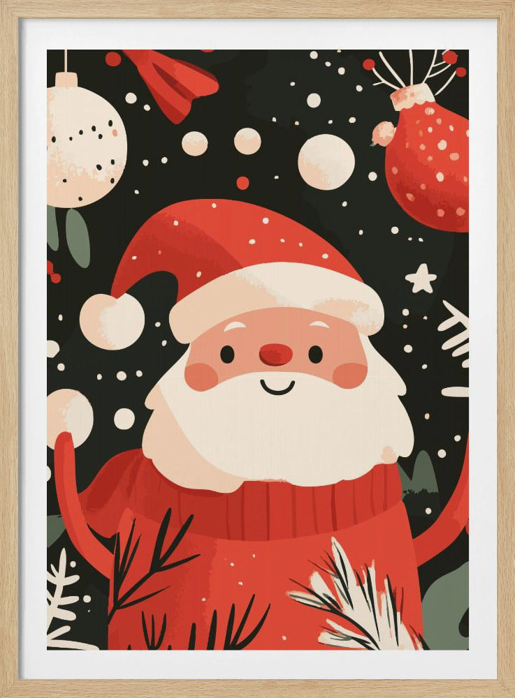 A charming, cartoon-style illustration of a smiling Santa Claus in a red sweater and hat, set against a dark, snowy background with festive ornaments and foliage. Decor