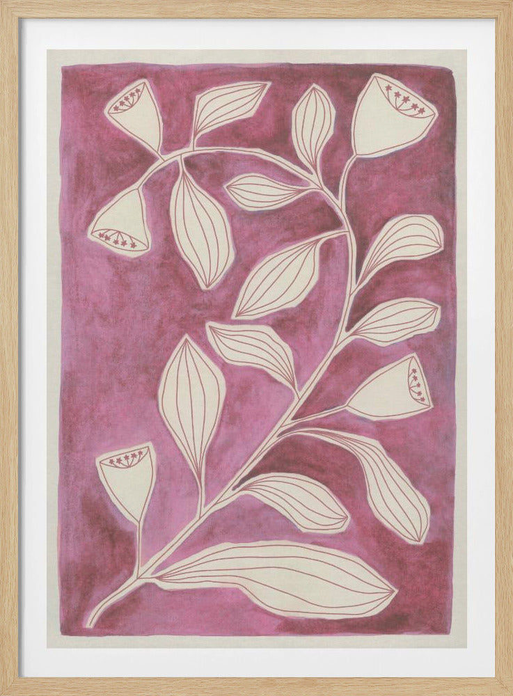 A stylized botanical illustration of a single plant stem with leaves and bell-shaped flowers against a textured magenta background. The plant is rendered in off-white with delicate red line details. Poster