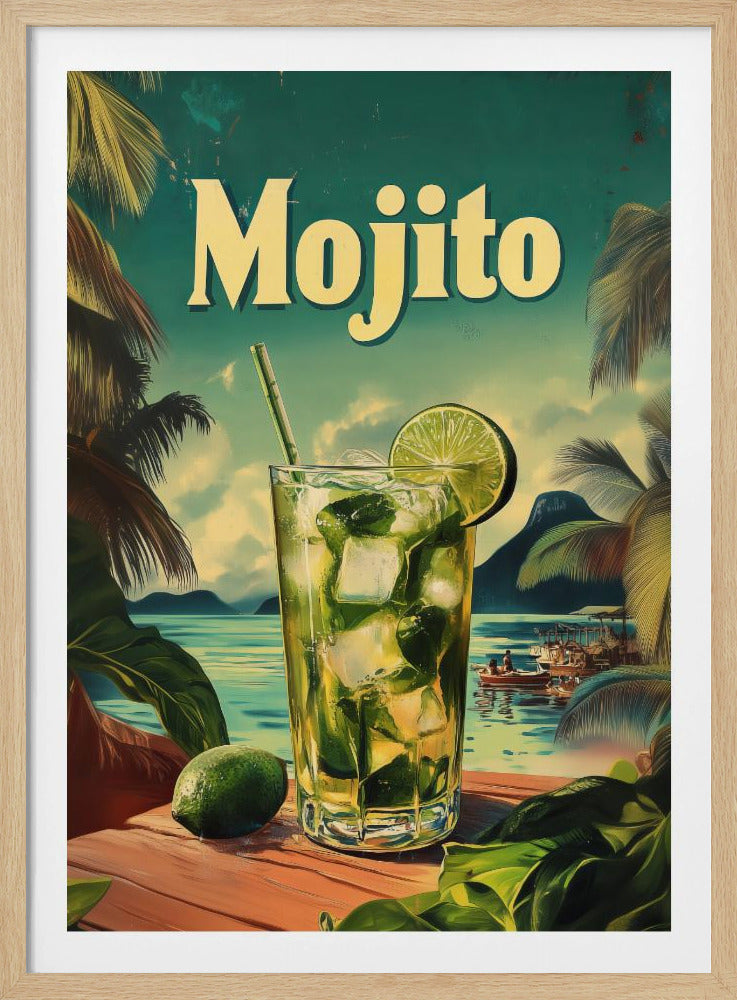 A vintage-style travel poster advertising a Mojito. A tall glass filled with the cocktail, ice, mint, and a lime wedge sits on a wooden table overlooking a tropical beach with palm trees and turquoise water. The word 'Mojito' is written in large, cream-colored letters at the top. Print