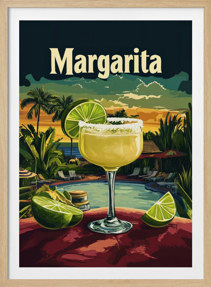 A vintage-style travel poster featuring a close-up of a salt-rimmed margarita cocktail with a lime garnish. The background depicts a scenic tropical resort at sunset with a pool, palm trees, and the ocean. The word 'Margarita' is written in a large, cream-colored font at the top. Artwork