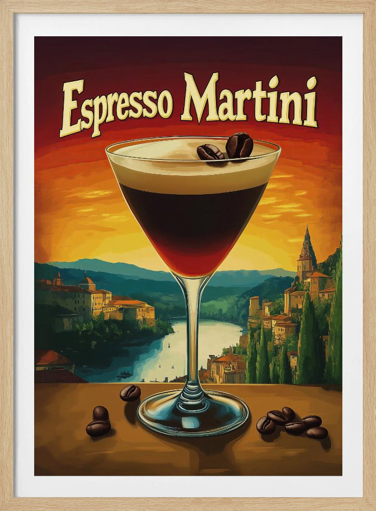 A vintage-style poster advertising an 'Espresso Martini'. In the foreground, a martini glass filled with the dark cocktail is garnished with coffee beans. The background features a scenic European landscape with a river and village against a vibrant orange and red sunset sky. Poster