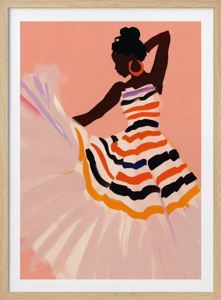 A stylized illustration of a Black woman in profile, dancing against a soft pink background. She wears her hair in an updo, large orange hoop earrings, and a strapless dress with a colorful striped bodice and a flowing white skirt, which she holds out as she moves. Print