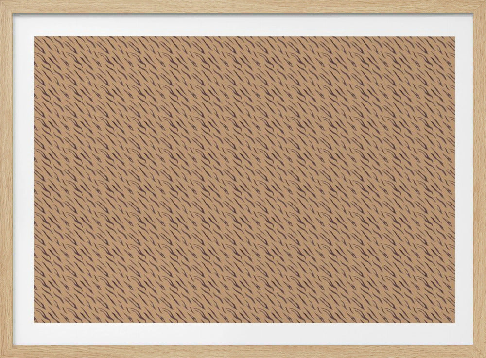 An abstract artwork featuring a repeating diagonal pattern of dark brown, tiger-like stripes on a tan background, all enclosed within a simple, brushed silver frame. Artwork