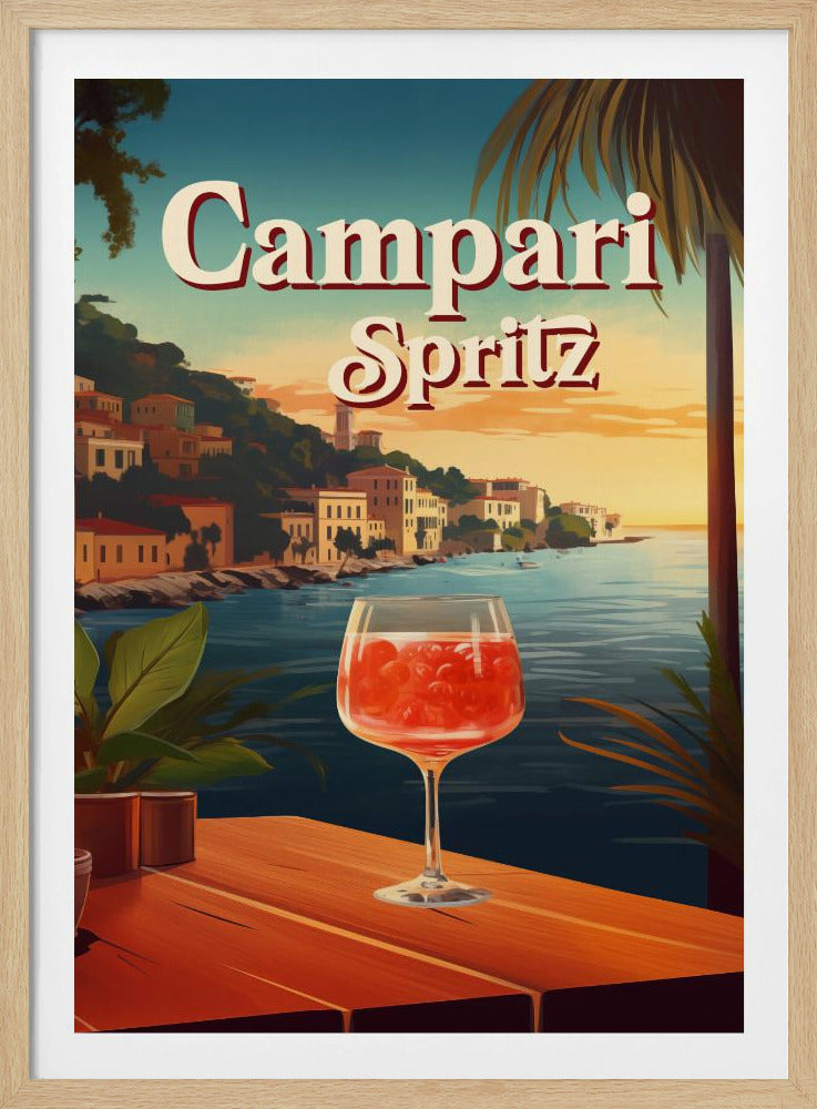 A vintage-style travel poster advertising a Campari Spritz. In the foreground, a wine glass filled with the bright red cocktail sits on a wooden table overlooking a scenic Italian coastal town at sunset. The words 'Campari Spritz' are written in large, stylized font at the top. Poster