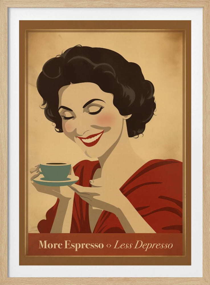 A vintage-style art print featuring an illustration of a smiling woman with dark, curly hair and red lipstick, wearing a red top. She holds a small blue-green espresso cup with her eyes closed in enjoyment. The background is a warm beige, and text at the bottom reads 'More Espresso ◇ Less Depresso'. Wall Art