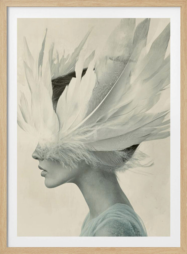 A stylized profile portrait of a woman whose eyes are covered by an elaborate headdress of large white feathers. She has a serene expression and wears a pale blue top against a neutral, off-white background, all framed in black. Artwork