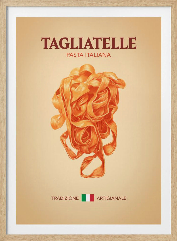A vintage-style poster advertising Italian pasta, featuring a detailed illustration of a nest of orange tagliatelle against a light beige background. The poster includes the text 'TAGLIATELLE PASTA ITALIANA' at the top and 'TRADIZIONE ARTIGIANALE' with an Italian flag at the bottom. Wall Art