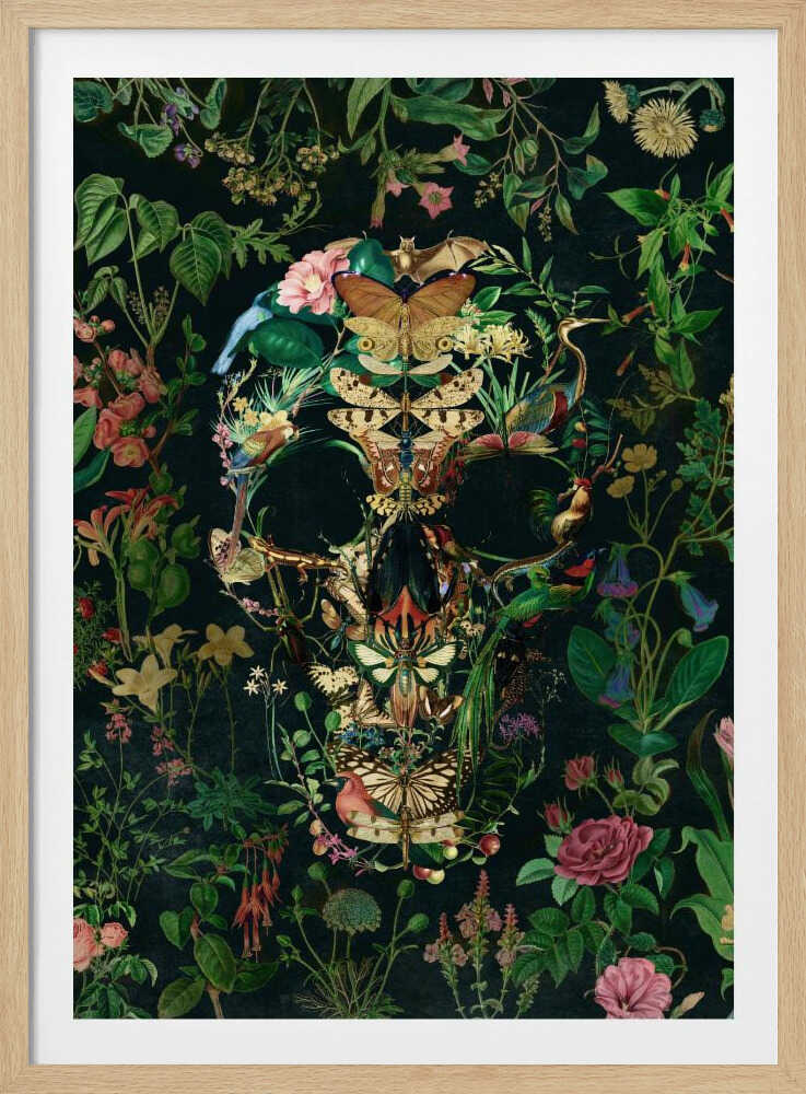 An intricate collage of various flowers, insects, birds, and other animals arranged to form the shape of a human skull. The background is a dark, lush tapestry of green leaves and colorful blossoms, creating a moody and detailed botanical illustration. Wall Art