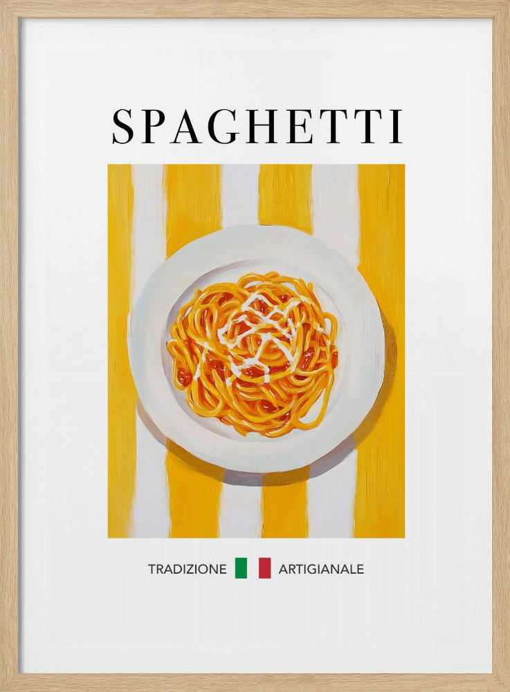 A vintage-style food poster in a black frame featuring a painting of a plate of spaghetti with sauce. The plate is set against a background of bold yellow and white vertical stripes. The word 'SPAGHETTI' is written in a black serif font at the top. At the bottom, the Italian words 'TRADIZIONE' and 'ARTIGIANALE' are separated by a small Italian flag. Artwork