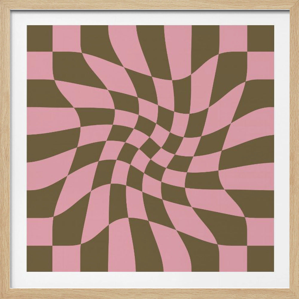 A framed abstract art piece featuring a warped checkerboard pattern in pink and dark olive brown. The grid appears to twist and distort, creating an optical illusion of movement within a light wood frame. Print