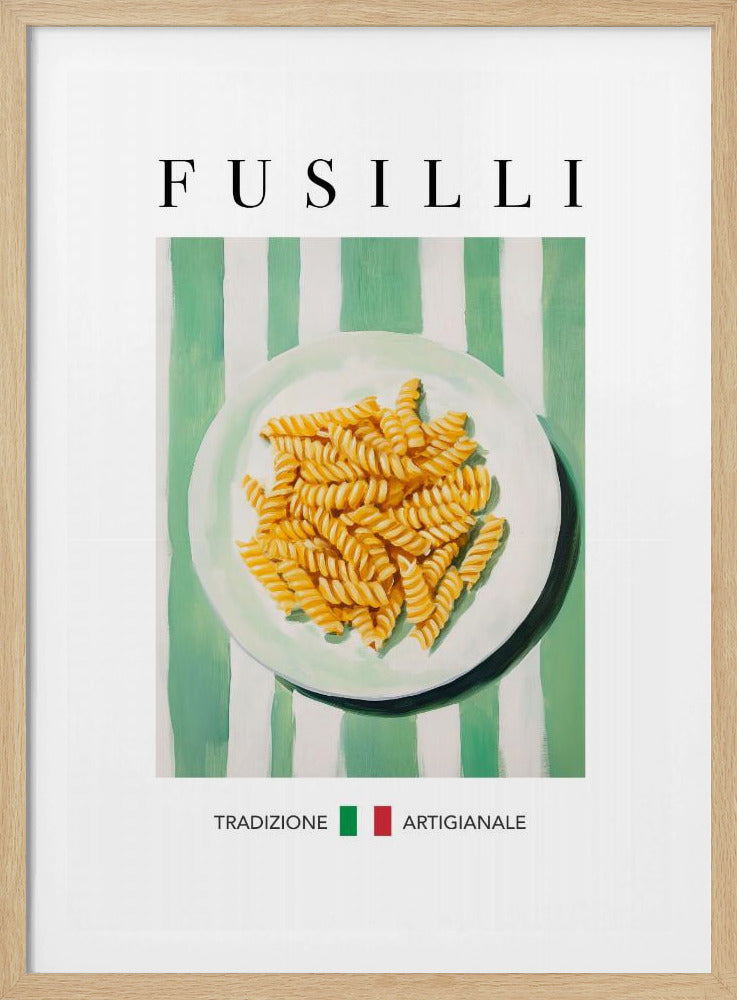 A vintage-style art print of a plate of fusilli pasta on a green and white striped background. The word 'FUSILLI' is printed at the top in black serif font. At the bottom, the words 'TRADIZIONE' and 'ARTIGIANALE' are separated by a small Italian flag icon. The poster is shown in a black frame. Wall Art
