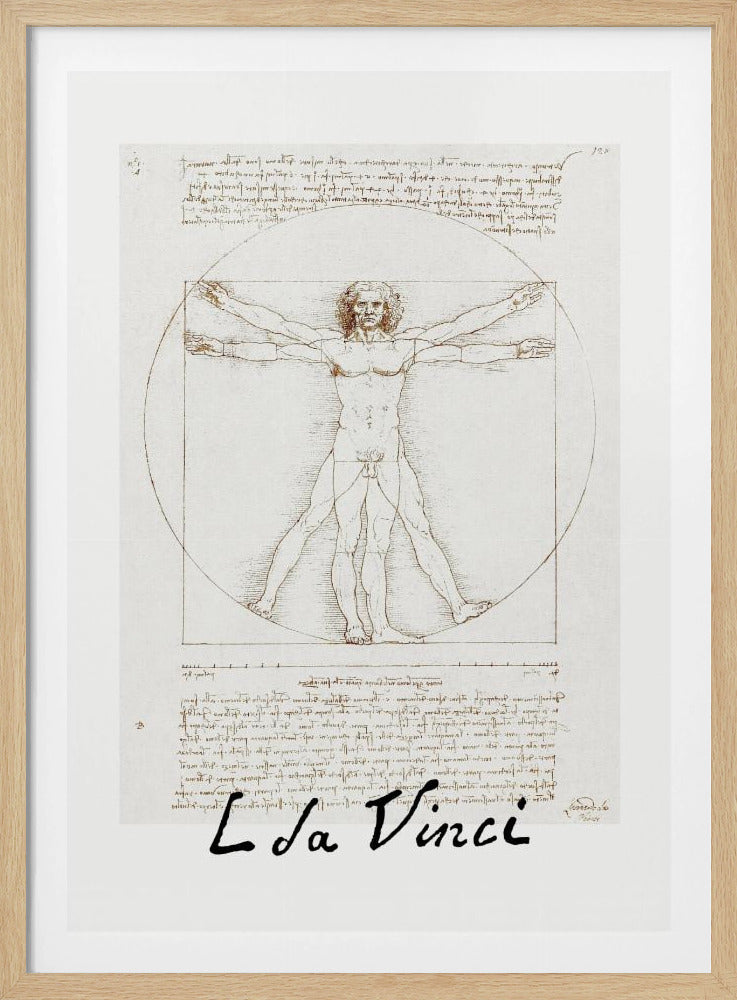 A framed print of Leonardo da Vinci's 'Vitruvian Man.' The famous sepia-toned sketch on aged paper shows a nude male figure in two poses, circumscribed by a circle and a square, with handwritten notes above and below. The artist's name is written at the bottom. Decor