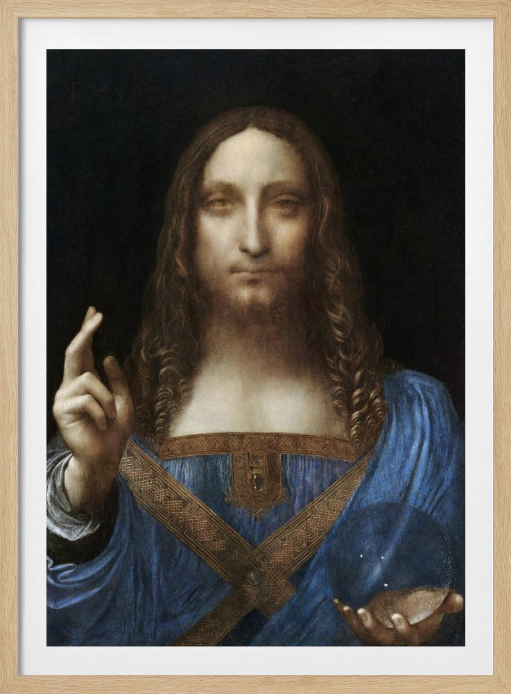 A framed portrait painting of Jesus Christ, known as Salvator Mundi, attributed to Leonardo da Vinci. He is depicted against a dark background, wearing a blue robe, with his right hand raised in blessing and his left holding a crystal orb. Wall Art