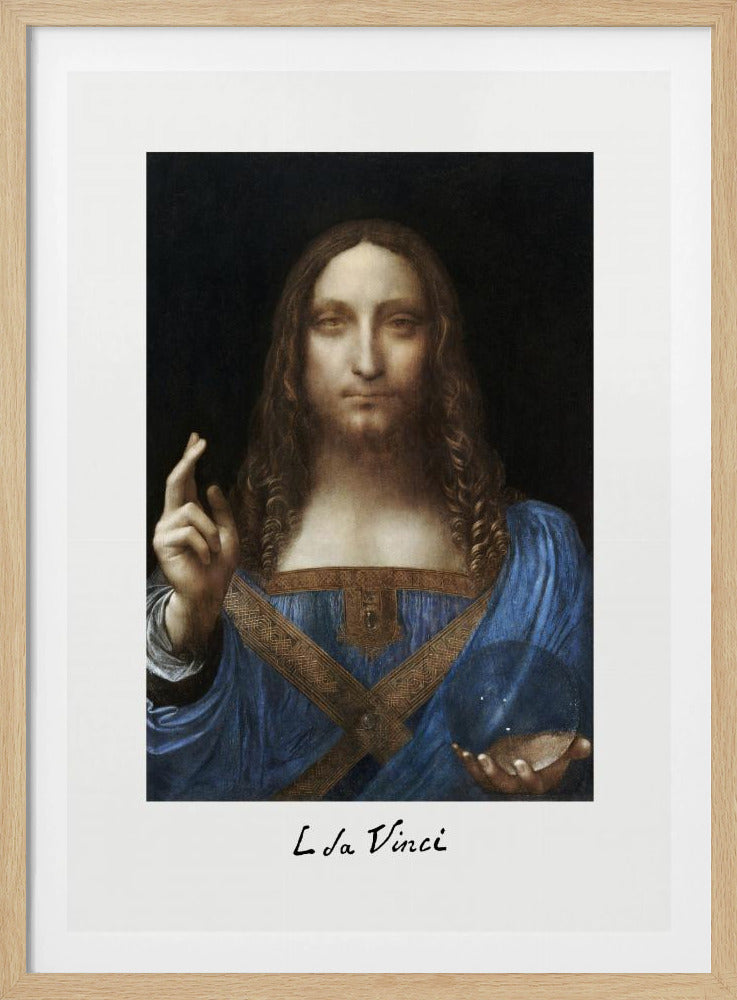 A framed print of Leonardo da Vinci's painting 'Salvator Mundi', depicting Jesus Christ in a blue robe against a black background. He holds a crystal orb in one hand and gives a blessing with the other. The artist's name is written below the image. Artwork