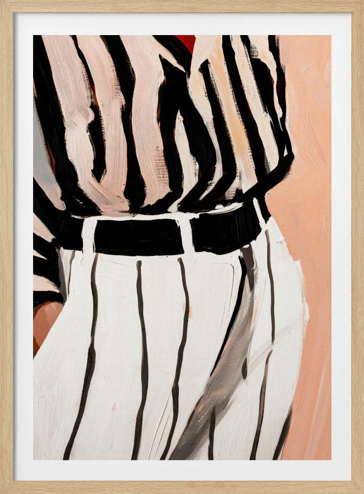 A close-up, painterly depiction of a person's midsection wearing a bold, black and off-white vertically striped blouse and matching pants. A thick black belt cinches the waist. The painting has visible, expressive brushstrokes and is set against a solid peach-colored background, all within a thin black frame. Artwork