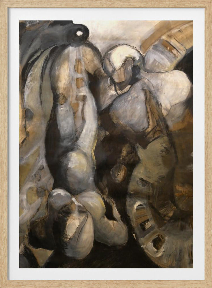 An abstract expressionist painting of two figures in a muted palette of brown, grey, and cream. One figure is depicted upside down, while the other, possibly an angel with a wing, leans over it. The style is painterly and raw, with visible brushstrokes and dark, sketch-like outlines. Decor
