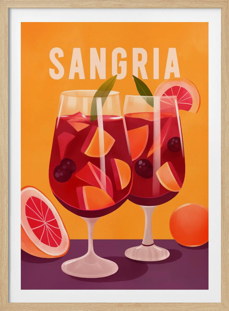 A vintage-style illustrated poster featuring two glasses of red sangria against a vibrant orange background. The glasses are filled with fruit slices, berries, and ice, and the word 'SANGRIA' is printed in large white letters at the top. Poster