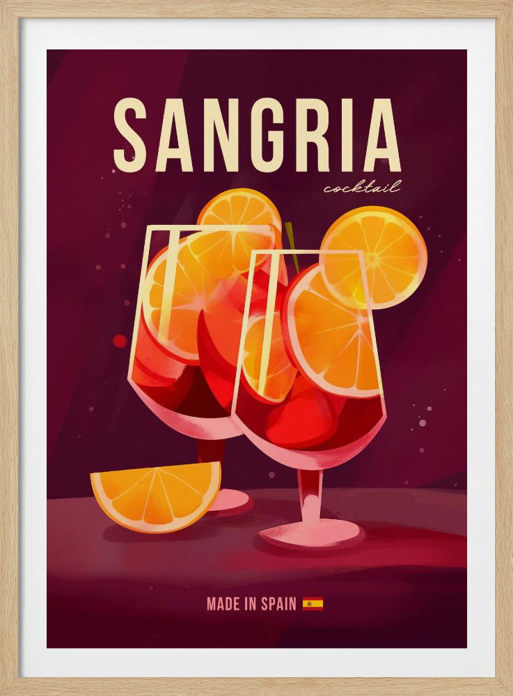A vintage-style poster advertising Sangria. The illustration features two stylized glasses of red sangria garnished with orange slices against a dark magenta background. At the top, the word 'SANGRIA' is in large, off-white letters, and at the bottom, it reads 'MADE IN SPAIN' with a small Spanish flag. Artwork