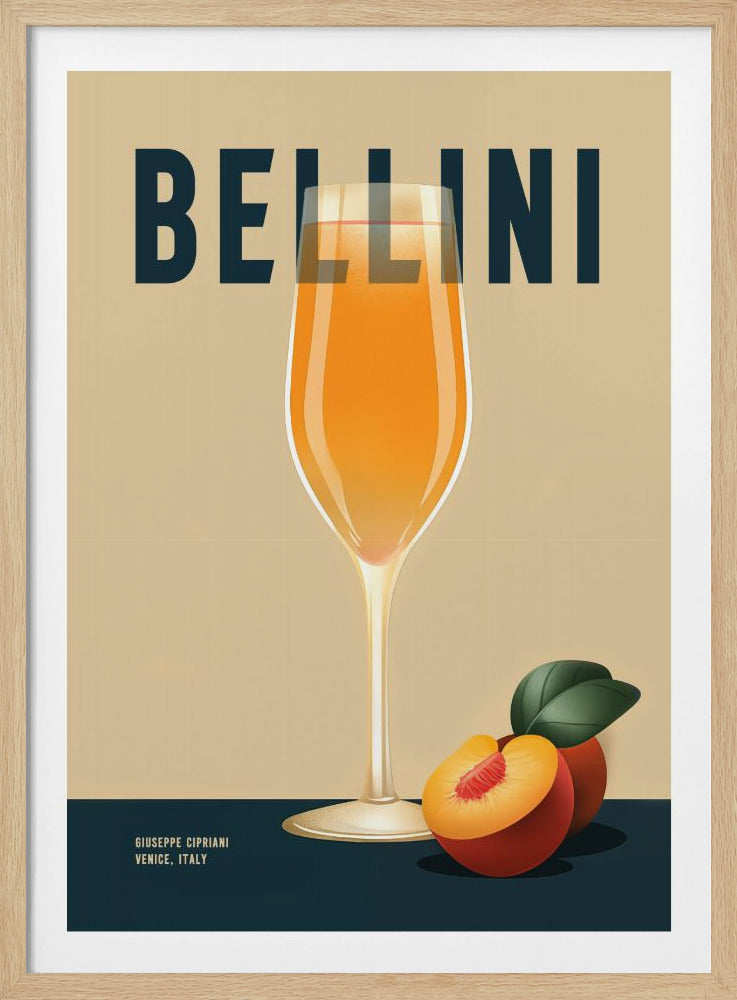 A vintage-style poster for a Bellini cocktail featuring a tall glass of the orange drink against a beige background. The word 'BELLINI' is in large navy blue text at the top. At the bottom, on a navy blue surface, are two peaches next to the glass. Text in the bottom left reads 'Giuseppe Cipriani Venice, Italy'. Artwork