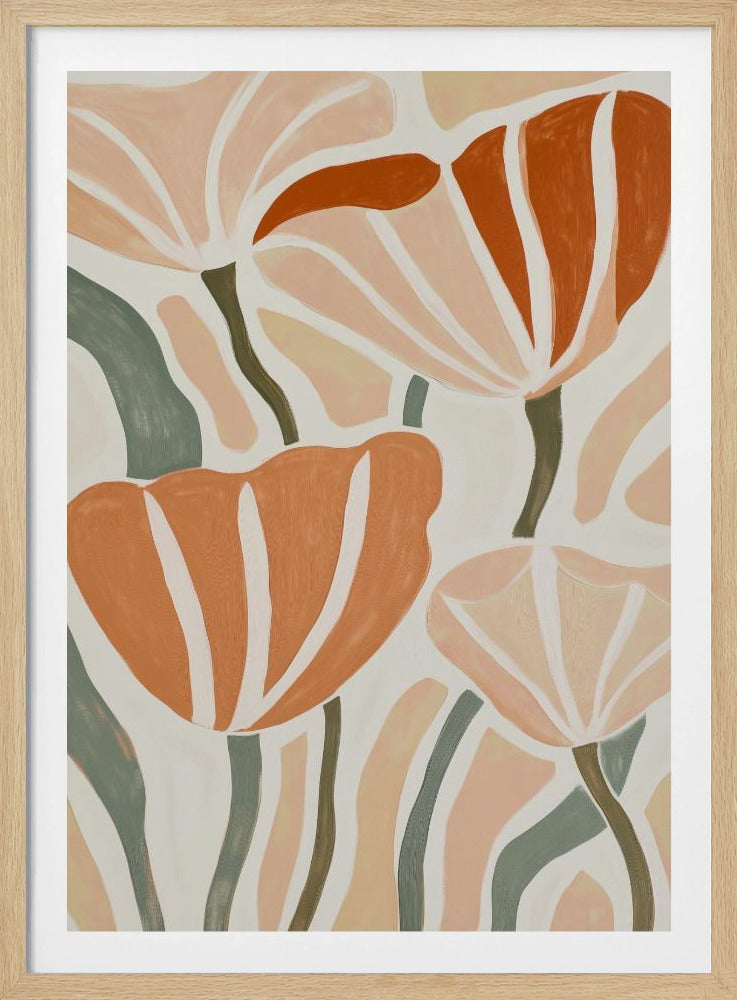 A modern abstract painting of stylized flowers in a simple black frame. The composition features large terracotta and blush pink flower heads with white striped petals, set against a background of sage green leaves and a cream-colored base. Print