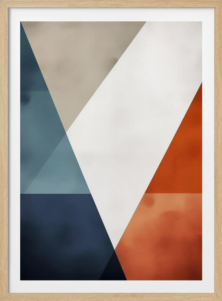 A modern abstract art piece in a black frame, featuring a composition of large, overlapping geometric shapes. The color palette includes shades of blue, a warm burnt orange, a neutral beige, and a prominent white V-shape in the center. Poster
