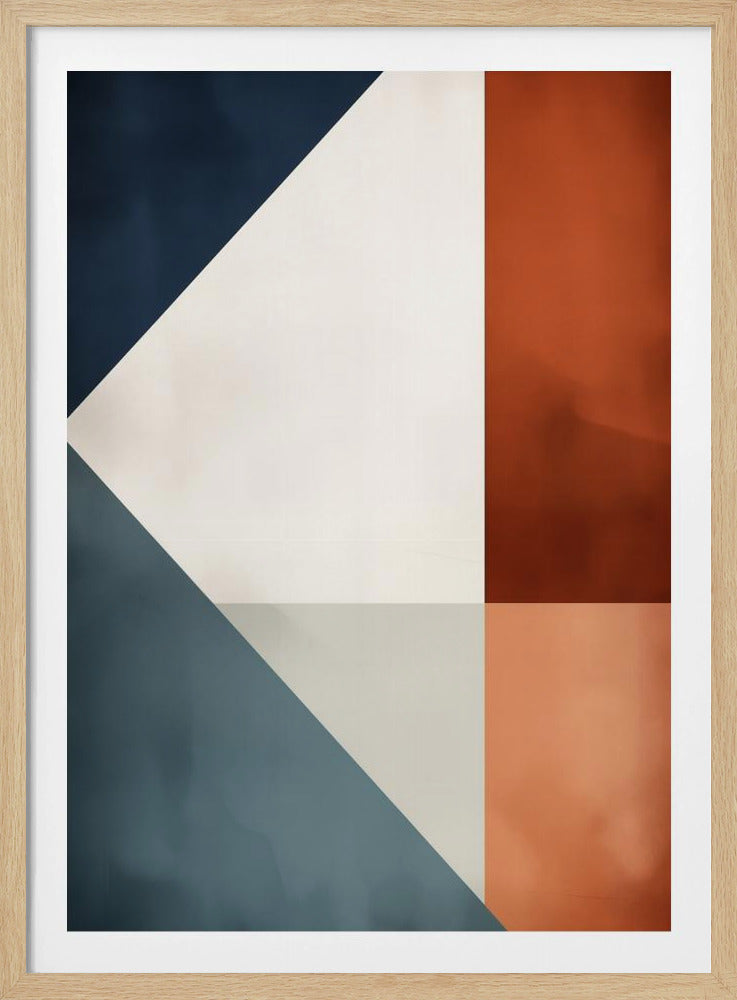 A modern abstract art piece in a black frame, featuring a geometric composition of triangles and rectangles. The colors include deep navy blue, slate blue, off-white, light gray, and two shades of rust orange, creating a balanced and contemporary color block design. Print