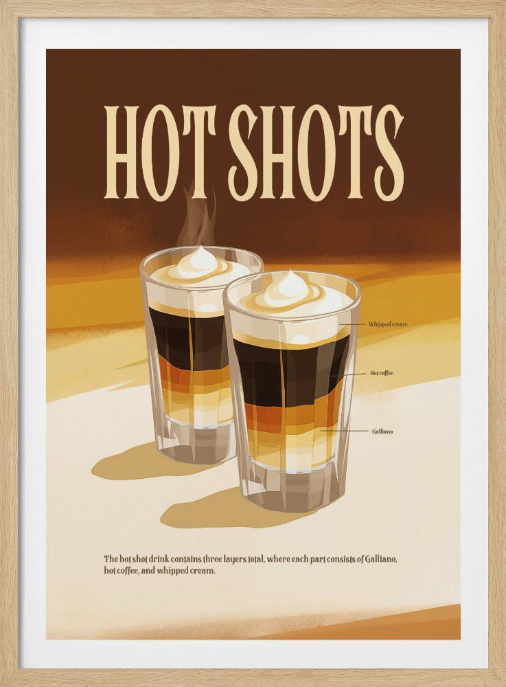 A vintage-style poster for a drink called 'Hot Shots'. The poster illustrates two layered drinks in shot glasses with labels for each layer: Galliano, hot coffee, and whipped cream. The design has a retro aesthetic with a warm brown and cream color palette. Wall Art