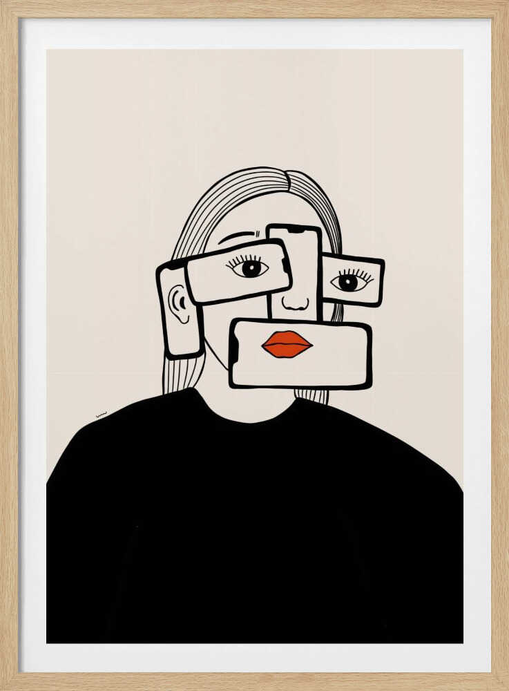 A minimalist line art illustration of a woman in a black shirt against an off-white background. Her face is obscured by several overlapping smartphones, which display her eyes and bright red lips on their screens, creating a surreal and conceptual portrait about technology and identity. Artwork