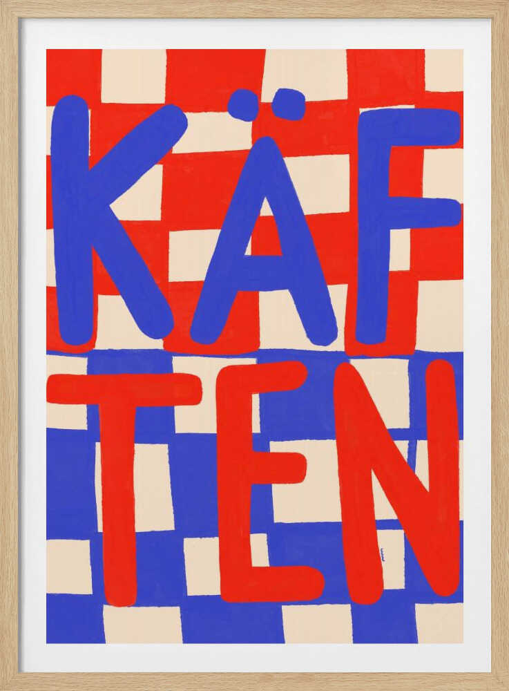 A bold graphic art print featuring the word 'KÄFTEN' split into two lines against a checkerboard background. The top line 'KÄF' is in blue text over a red and cream checker pattern. The bottom line 'TEN' is in red text over a blue and cream checker pattern. The style is playful and hand-painted, enclosed in a thin black frame. Wall Art