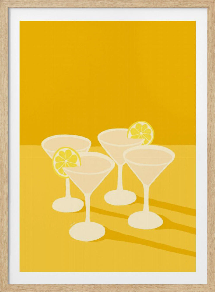 A minimalist graphic illustration of four coupe glasses filled with a light-colored cocktail, set against a vibrant yellow background. Two of the glasses are garnished with lemon slices, and the scene is depicted with strong, clean shadows, all within a thin black frame. Print