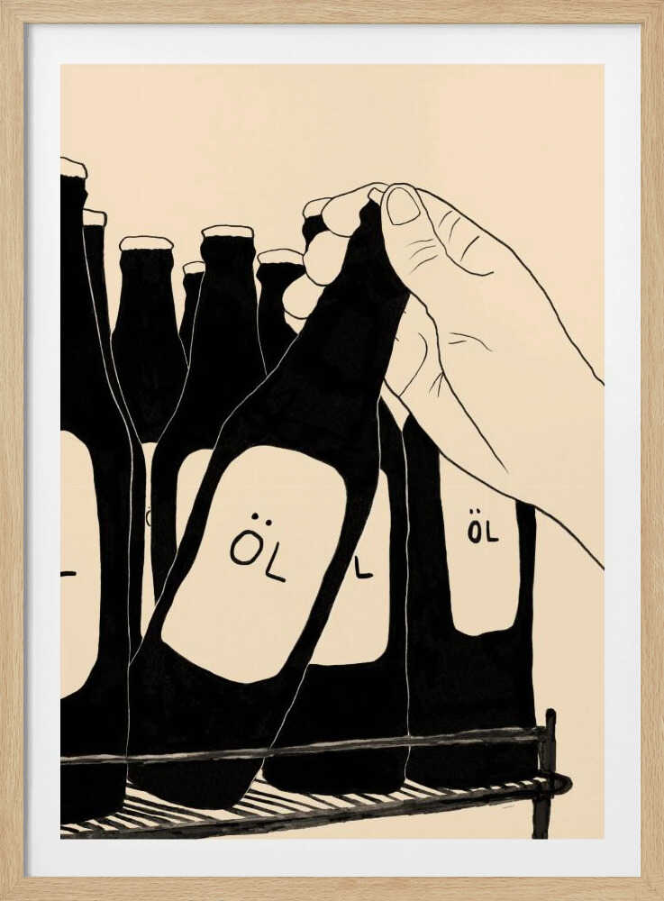 A minimalist illustration in black and cream showing a hand picking up a dark glass bottle from a rack. The bottle has a simple white label with the word 'ÖL'. Other similar bottles are visible in the background. Wall Art