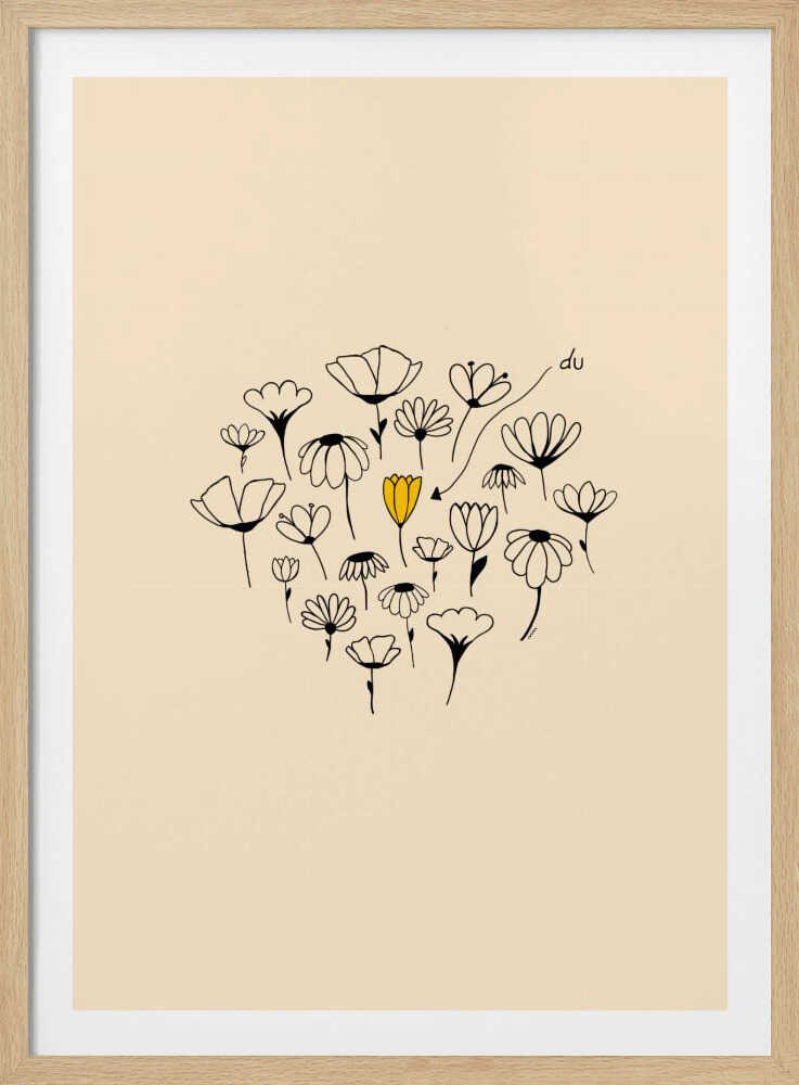 A minimalist art print with a cream-colored background and a thin black frame. In the center is a circular cluster of hand-drawn wildflowers in black ink, with one single flower colored a vibrant yellow, creating a pop of color. The style is simple and whimsical. Print