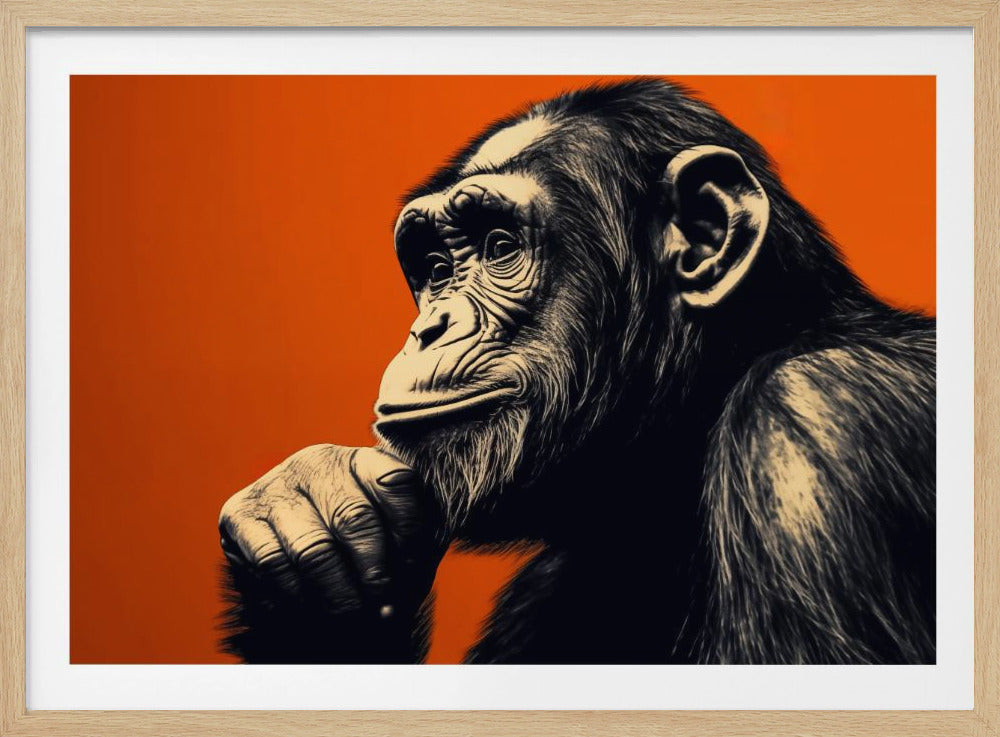 A high-contrast graphic illustration of a chimpanzee in a thoughtful pose, resting its chin on its hand. The chimp is detailed in black and cream tones against a solid, vibrant orange background, enclosed within a silver frame. Poster