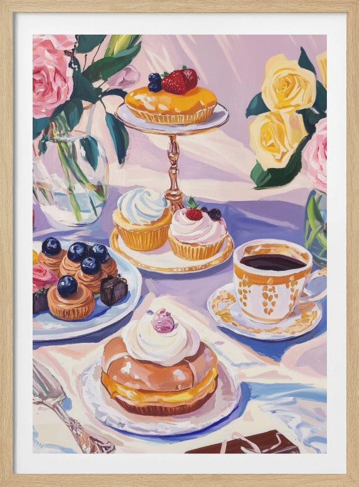 A colorful still life painting of a dessert table filled with various pastries like cupcakes, tarts, and a large cream-filled donut. A cup of coffee sits next to the sweets, and vases of pink and yellow roses adorn the table, all set against a soft, light-purple background. Print