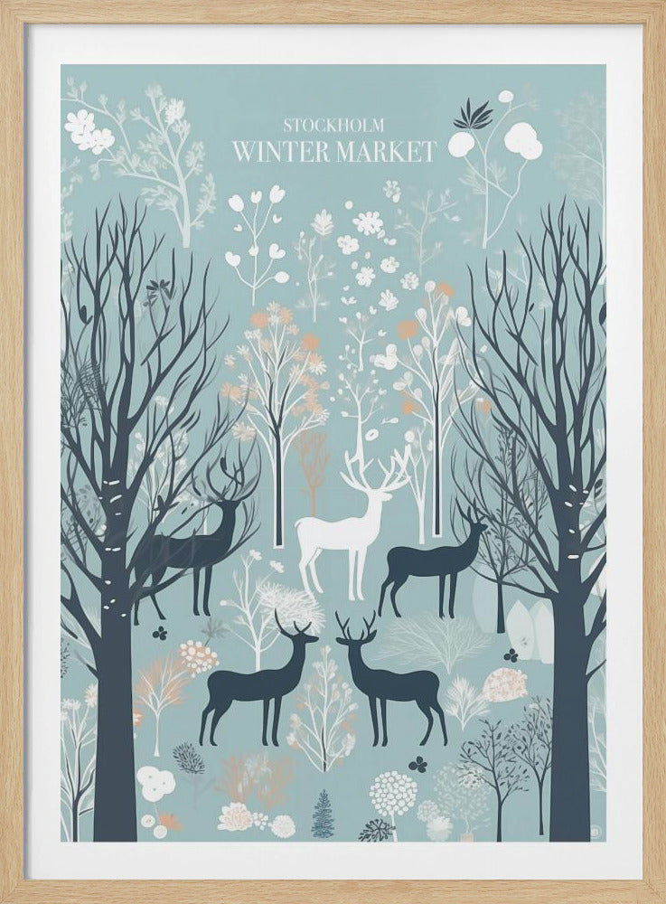 A stylized art print titled 'Stockholm Winter Market' featuring a winter forest scene against a pale blue background. Dark grey leafless trees frame a group of deer, mostly in dark silhouette with one central white stag. The scene is filled with decorative white and pale orange foliage. Wall Art