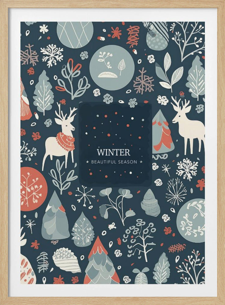 A whimsical winter-themed illustration on a dark blue background, featuring two stylized white reindeer, snowflakes, and various winter trees and plants in shades of light blue, white, and coral red. A central box contains the text 'WINTER' and 'BEAUTIFUL SEASON'. Decor