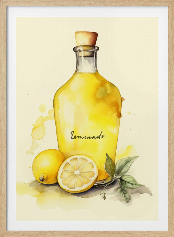 A watercolor illustration of a glass bottle of lemonade with a cork stopper. The word 'Lemonade' is written in cursive script on the bottle. Beside it sits a whole lemon and a lemon half, along with a sprig of green leaves, all set against a cream-colored background with yellow watercolor splashes. Poster