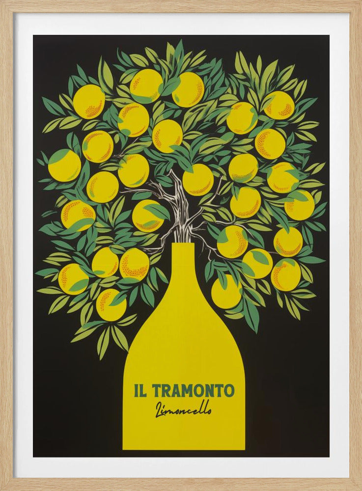 A vintage-style advertisement poster for 'IL TRAMONTO Limoncello'. The poster features a stylized lemon tree with bright yellow lemons and green leaves emerging from a yellow bottle against a solid black background. Artwork