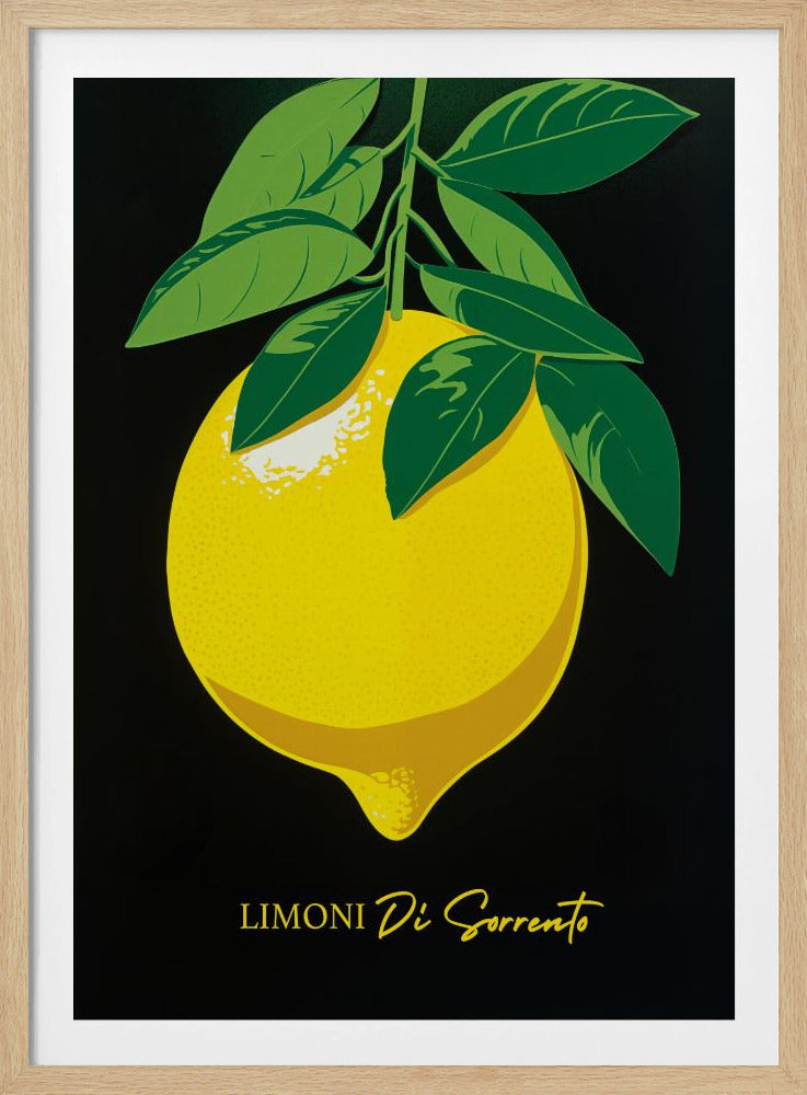 A vintage-style graphic poster of a large yellow Sorrento lemon with green leaves, set against a stark black background. The words 'LIMONI Di Sorrento' are printed in yellow at the bottom. Artwork